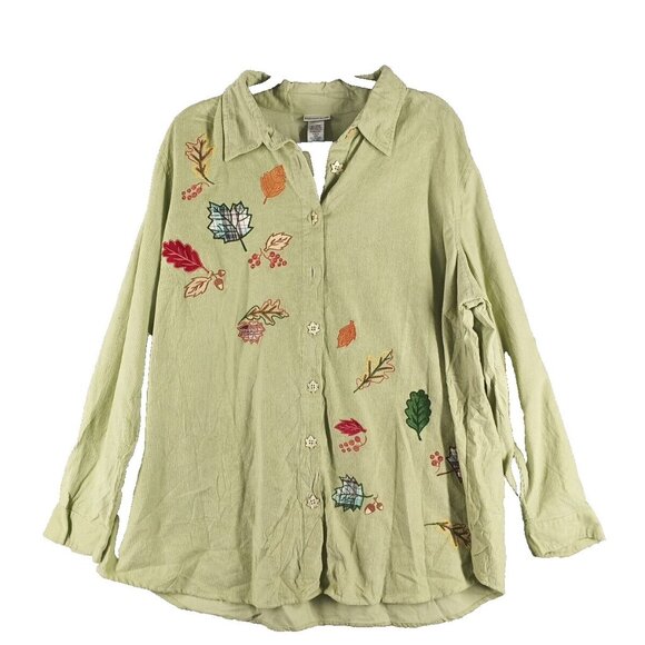 FASHION BUG Embroidered Fall Corduroy Button Up Shirt 22/24W 100% Cotton Green - Picture 1 of 13